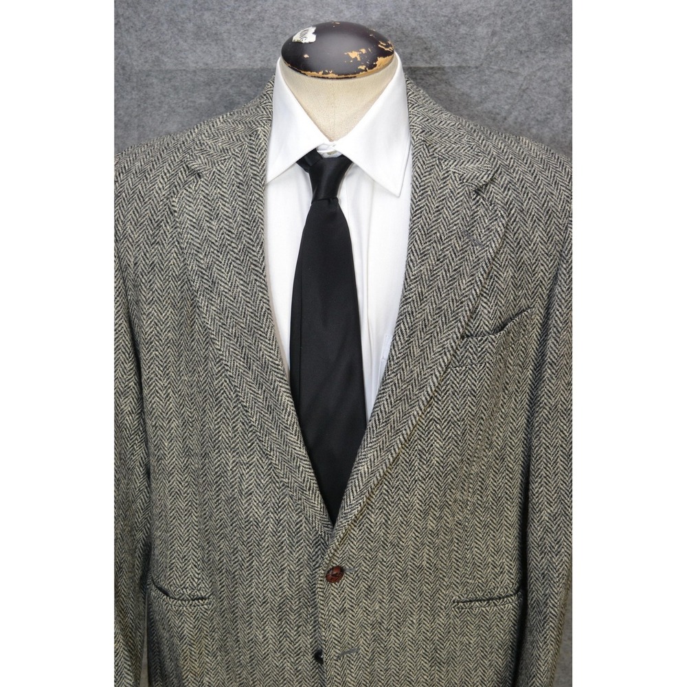 Harris Tweed Blazer Mens 44 Gray Herringbone Scottish Wool Sport Coat Jacket USA